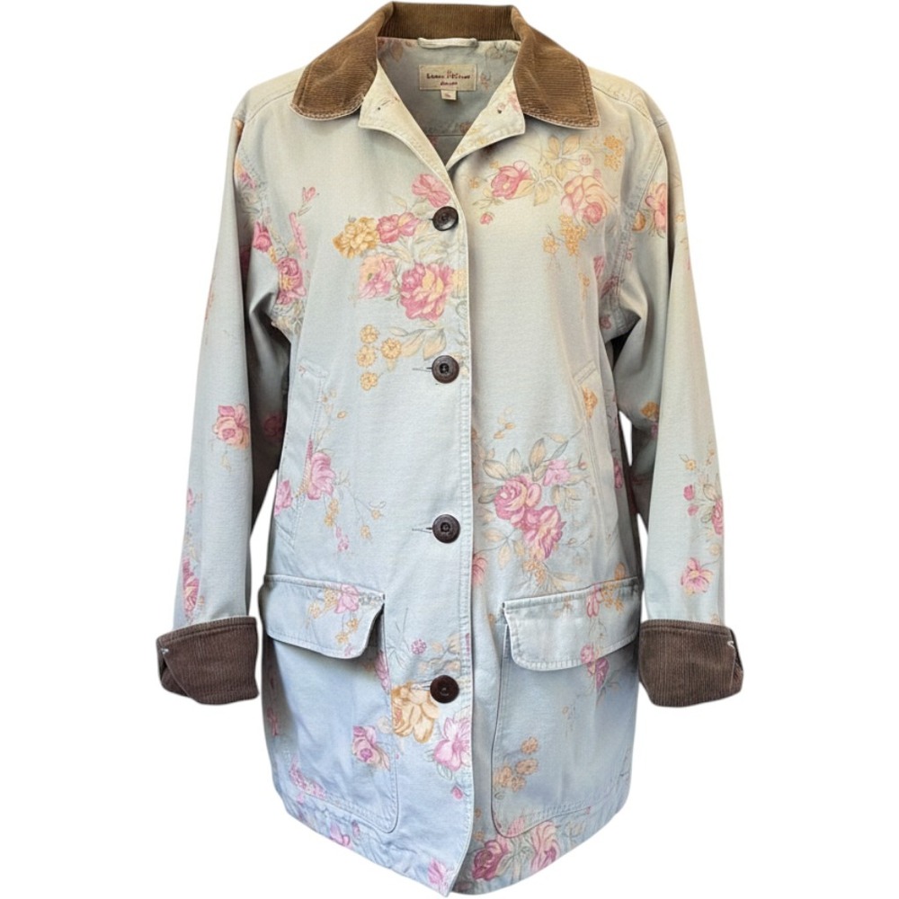 L.L. Bean Vintage Floral Barn Coat Corduroy Trim Blue Rose Print Sz L